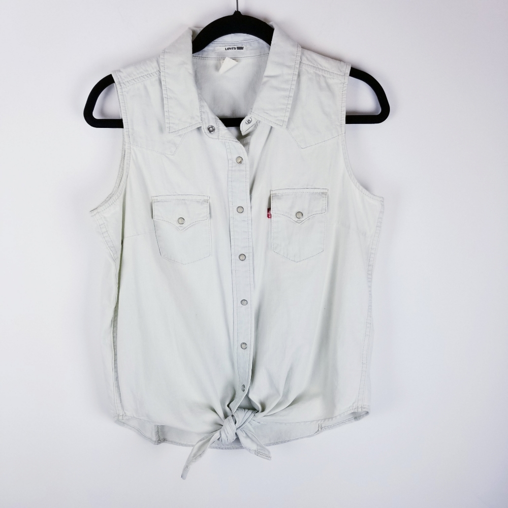 Levi's chambray sleeveless front tie pearl button